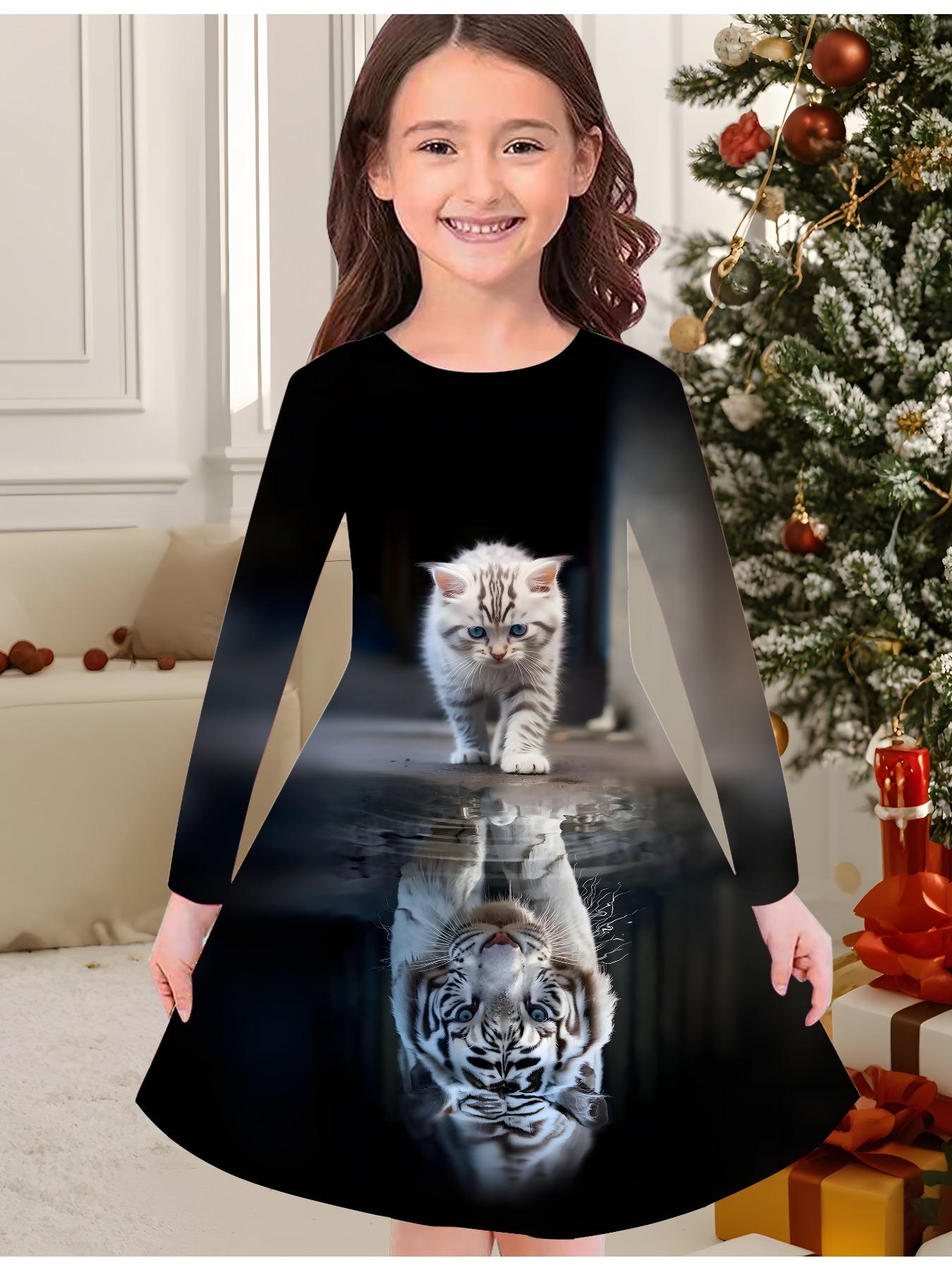 

Модное осенне-зимнее платье для девочек, с 3D принтом кошки, с круглым вырезом, длинное детское платье-футболка, повседневное, универсальное, рождественская одежда 170 чёрный