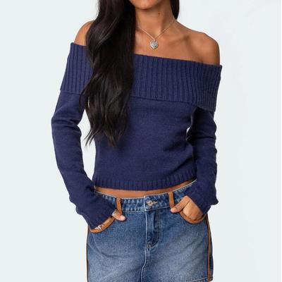 2025 Women's Solid Color One-Shoulder Long Sleeve Knitted Pullover Sweater - European & American Spring Collection