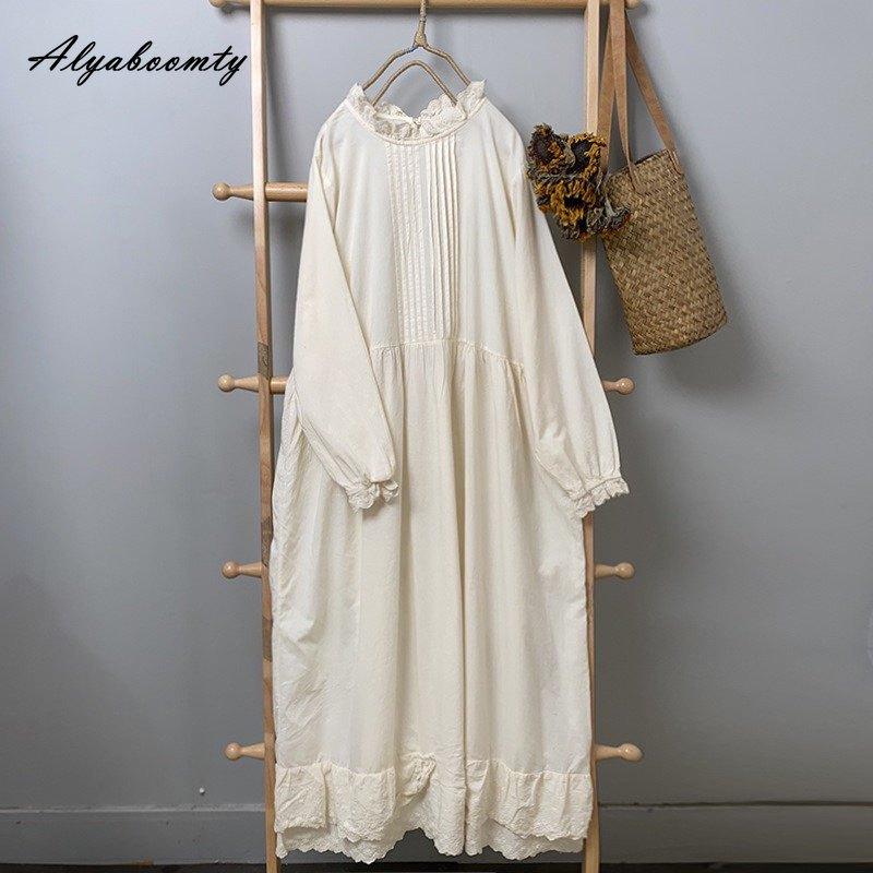 Japanese Mori Girl Spring Autumn Women Baggy Dress Ruffled Collar Cotton Oversized Dress Long Sleeve Brief Basic Ladies' Embroidery Dress