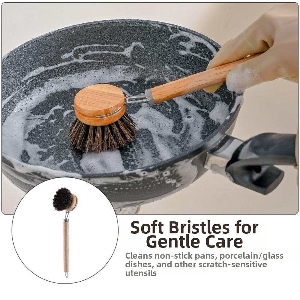 Replaceable Dish Pot Brush Solid Wood Frying Pan Brush Kitchen Cleaning Brush  Dishwashing