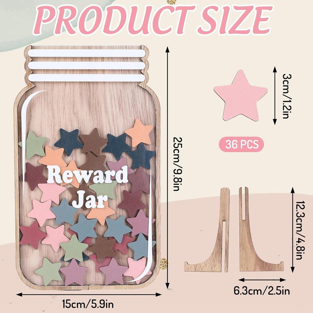 Wooden Reward Jar for Kids Boho Stars Cutouts Positive Incentive Behavior Chart with Base Management Tools Decoration Reward System for Student