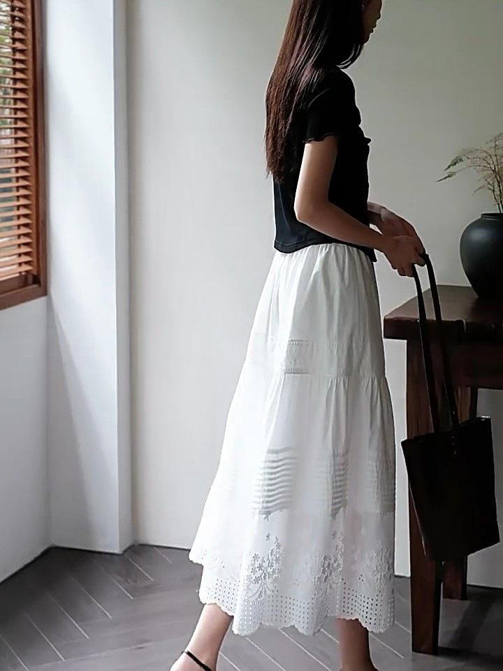 French White Embroidered Lace Mid-Length Umbrella Skirt for Women