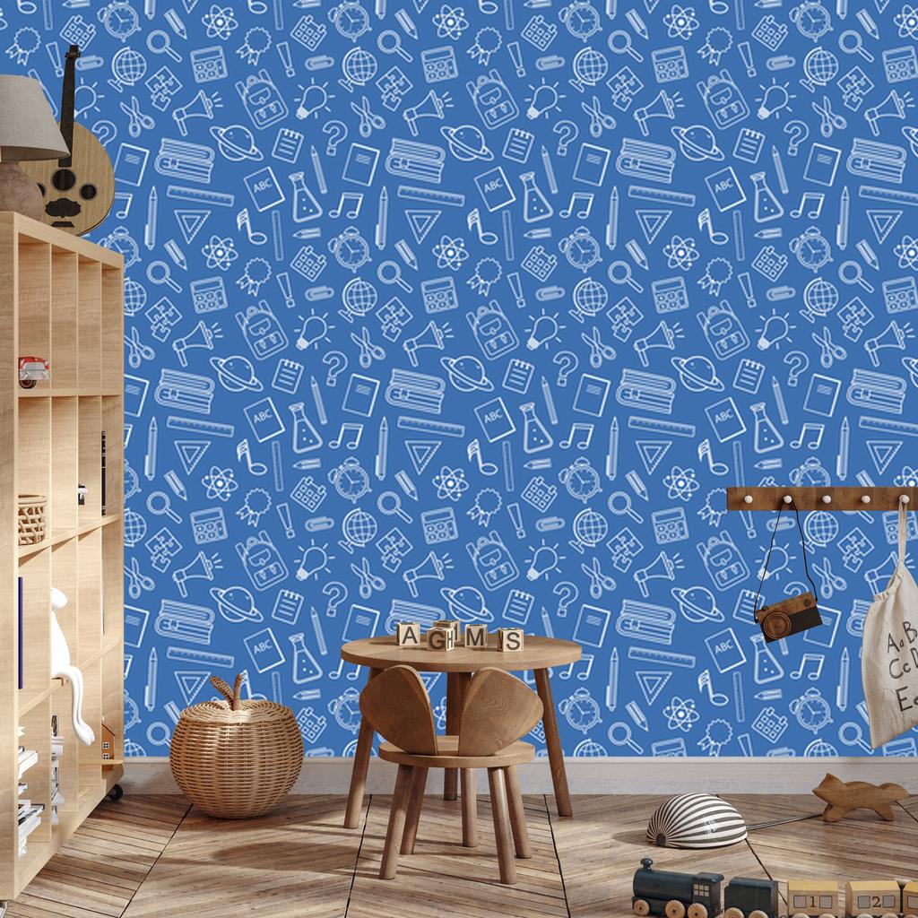 Wallpaper School Supplies Blue and Azure, Blue Background 50x1000