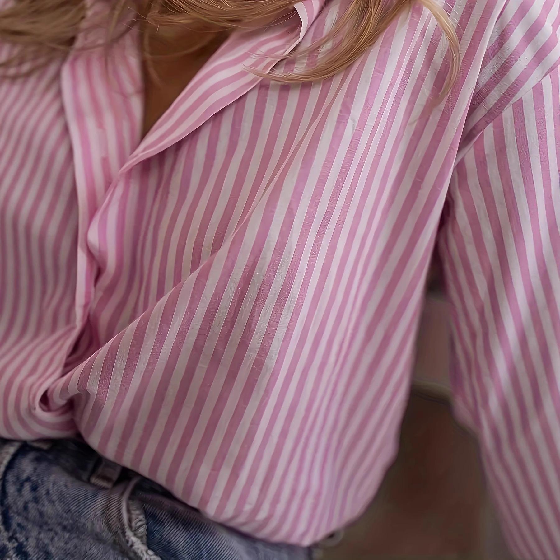 

European & American Women s Fashion Striped Long Sleeve Loose Shirt with Rolled Cuffs S рожевий