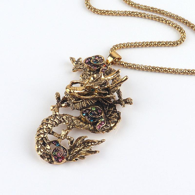Umělecký retro přívěsek ve tvaru draka ze slitiny, dlouhý náhrdelník, zlatý/stříbrný, etnický styl, šperk s kamínky