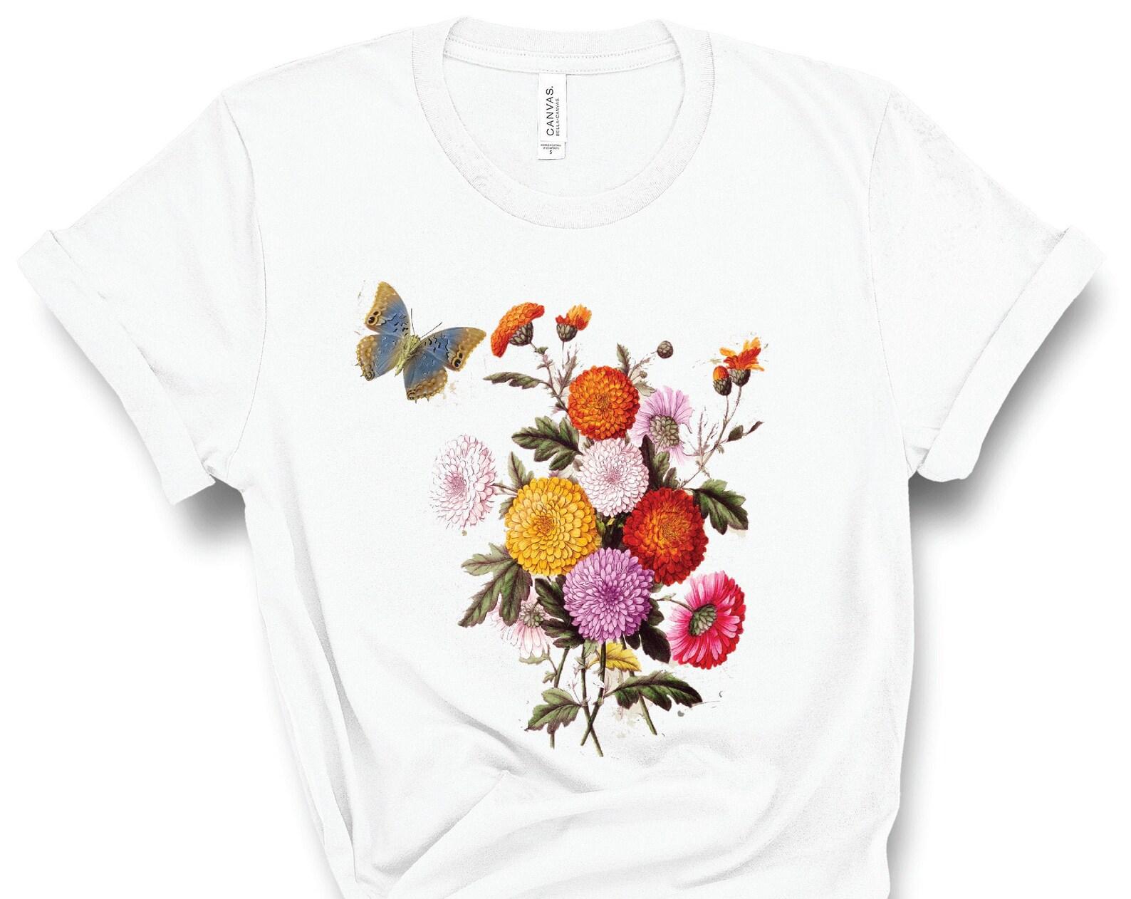 Butterfly T-Shirt, Botanical Shirt, Botanical T-Shirt, Lithograph, Womens Tees, Womens T-Shirts, Vintage T-Shirt, Graphic T-Shirt, Flowers L