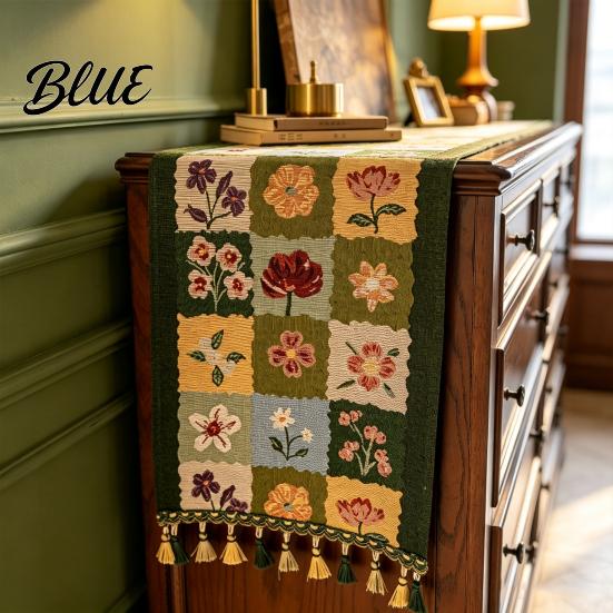 Retro Jacquard Tablecloth for Coffee Table Vintage Floral Runner Decorative Scarf with Tassels Washable Dust Proof Protective Mat Cover Cloth Table,