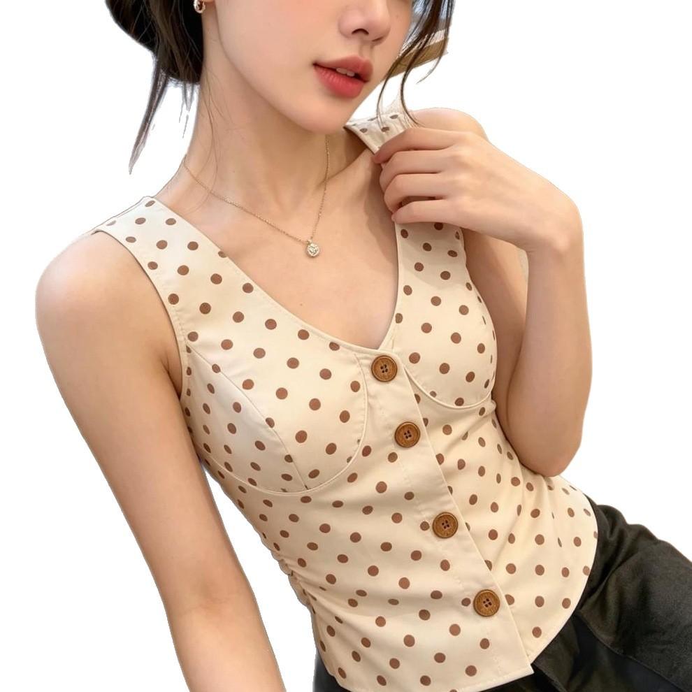 Apricot V-neck Waist Polka Dot Fashion Slack Sling Vest Women's Summer Niche Sweet Hottie Short Sleeveless Top