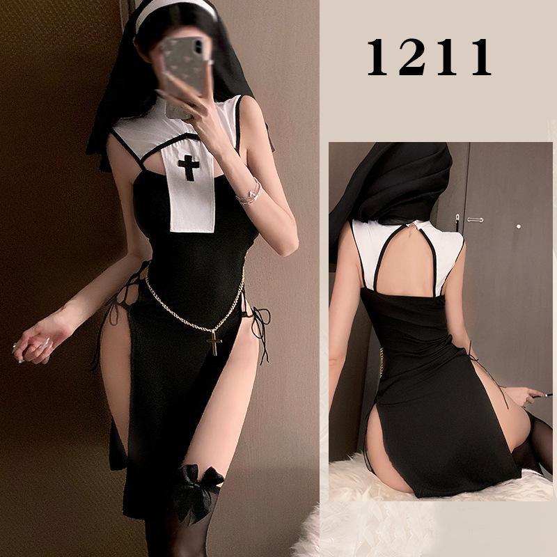 Sexy Summer High Slit Cheongsam Nun Dress Role-playing Uniform Dress Elegant Tank Mini Dress Sweet SM Exotic Women Dress 3XPC