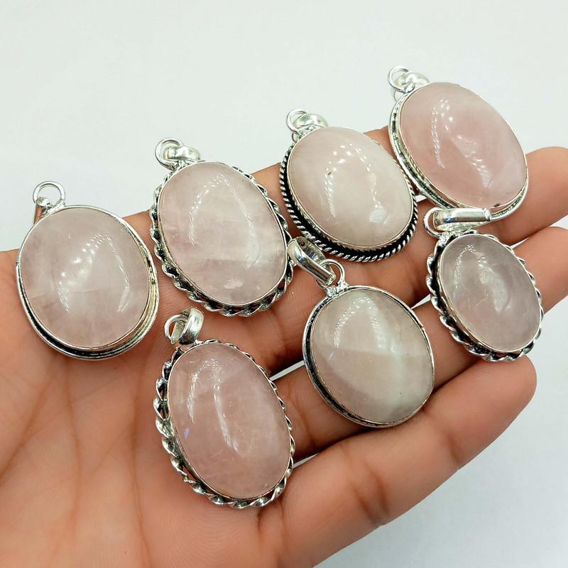 Rose Quartz Gemstone 925 Sterling Silver Plated Handmade 5 PCs Fancy Pendants Jewelry SEN-133