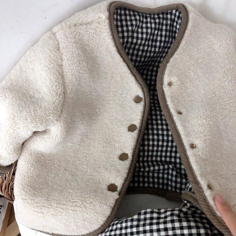 

Осенне-зимняя верхняя одежда для мальчиков и девочек, стильная детская одежда, двусторонняя носка с плюшевым и толстым клетчатым шерстяным свитером 80 грязно-белый