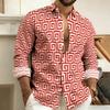 Men's Lapel Long-Sleeved Shirt with Printed Greek Key Pattern, Stylish, Handsome, Vintage, and Comfortable Men's Top.