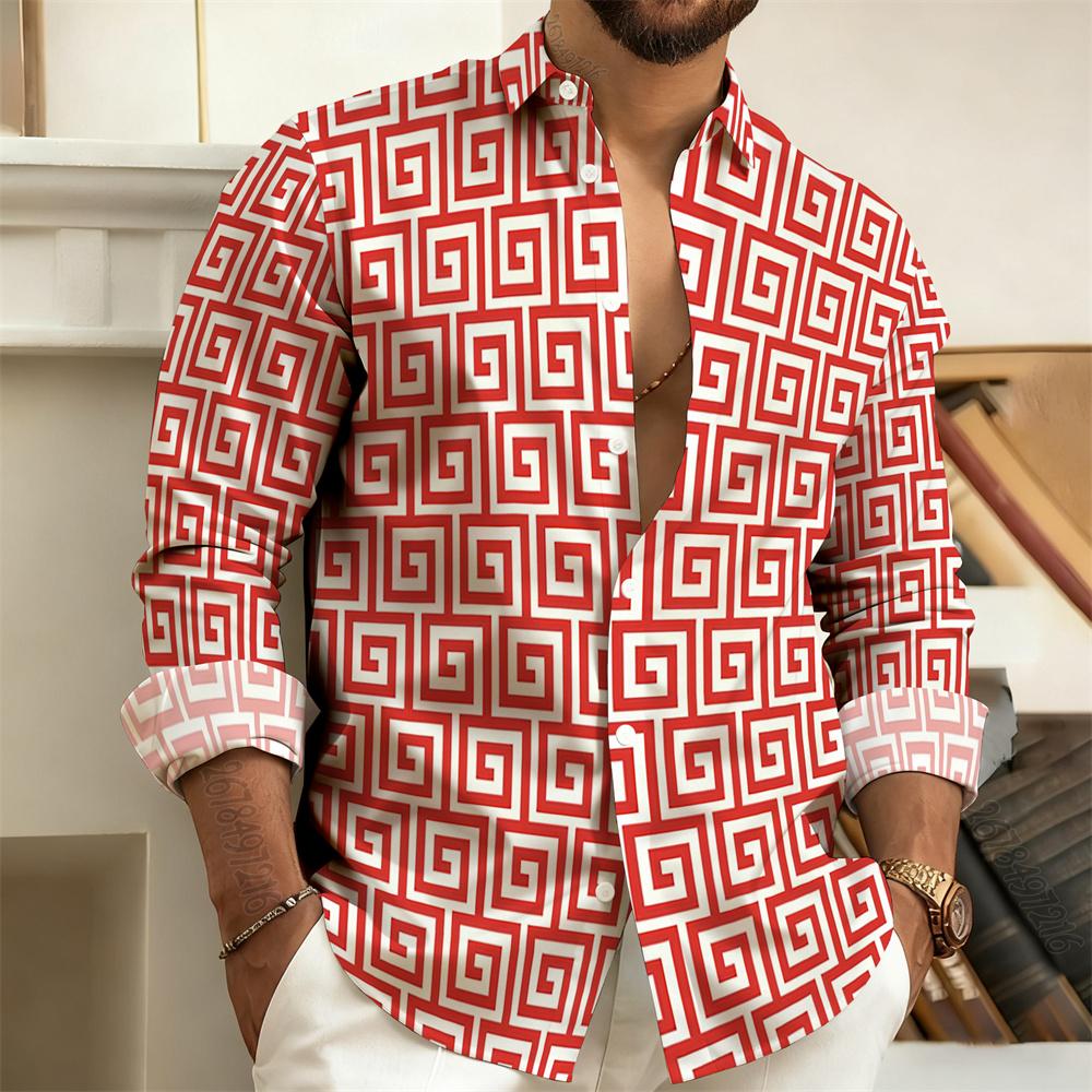 Men's Lapel Long-Sleeved Shirt with Printed Greek Key Pattern, Stylish, Handsome, Vintage, and Comfortable Men's Top.