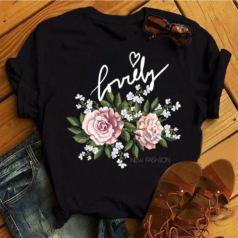 Fashion Women T Shirt Flower Printed T Shirt Casual Black Tops 90s Ladies Girl Tee Shirt Female Harajuku Graphic T -Shirt