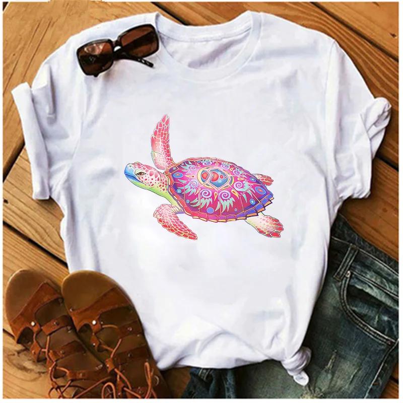 Women's Turtle Print T-shirt, Short Sleeve Harajuku Cartoon T-shirt, Summer 2026 Round Neck Street Style T-shirt, Y2K Clothing