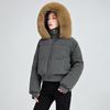 High waist big fur collar hooded short cotton jacket women's autumn and winter new down cotton jacket thin jacket