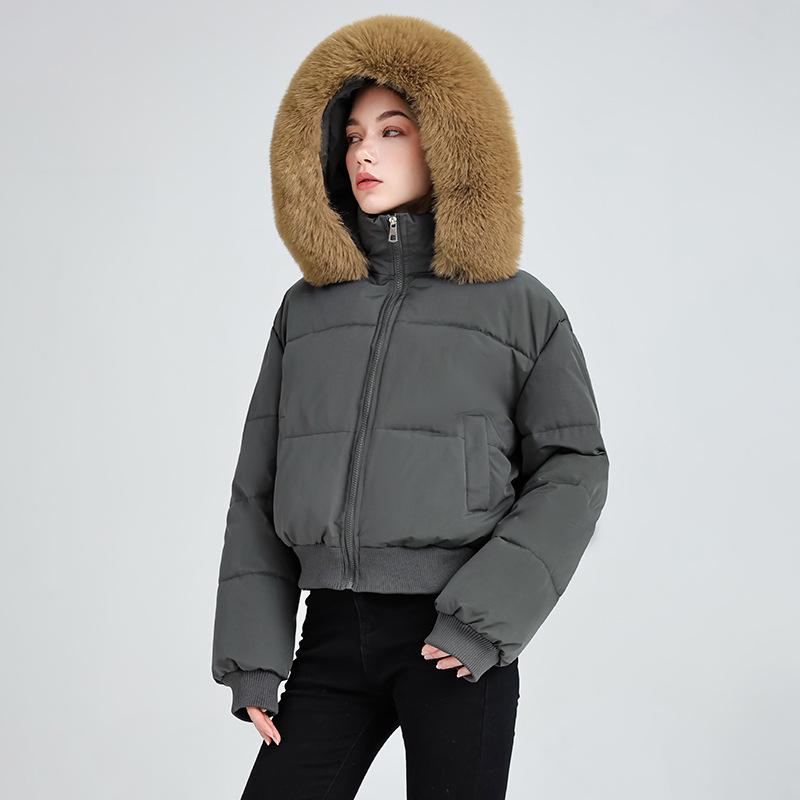 High waist big fur collar hooded short cotton jacket women's autumn and winter new down cotton jacket thin jacket