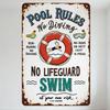 Vintage Rusty Metal Tin Sign Pool Rules No Diving with Cartoon Swimmer Life Preserver - Whimsical Pool Safety Decor for Home Bar