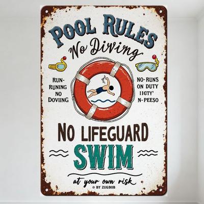 Vintage Rusty Metal Tin Sign Pool Rules No Diving with Cartoon Swimmer Life Preserver - Whimsical Pool Safety Decor for Home Bar