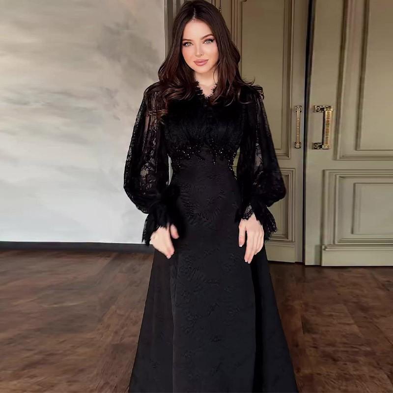 V-Neck Waist-Cinched Slim Fit Puff Sleeve Long Dress Women 2025 Street Style
