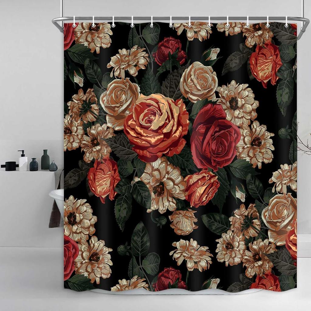 Floral Shower Curtain for Bathroom,Vintage Floral Shower Curtain Set Orange Flower Plants Bathroom Curtains Decor,Waterproof