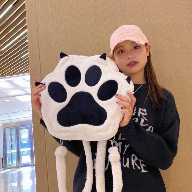 Kawaii White Puppy Cat Paw Plush Backpack Adjustable Straps Funny Dog Big Capacity Soft Stuffed Animals Bags for Girls Women