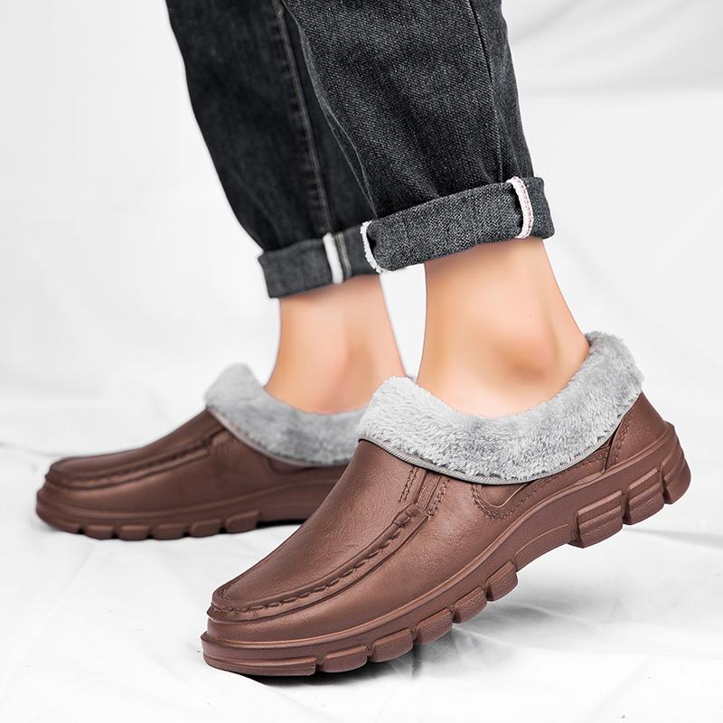 Fashion Men Warm Slippers Fashion Outdoor Slip-On Waterproof Cotton Plush Indoor Home Shoes Non-Slip Thick Platform Slides