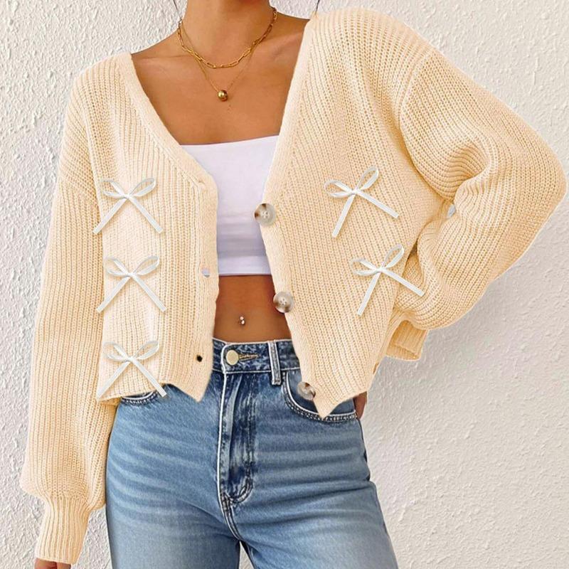 New Autumn and Winter Short Jacket Women's Ribbon Bow Decoration Deep V Three-button Sweater Cardigan