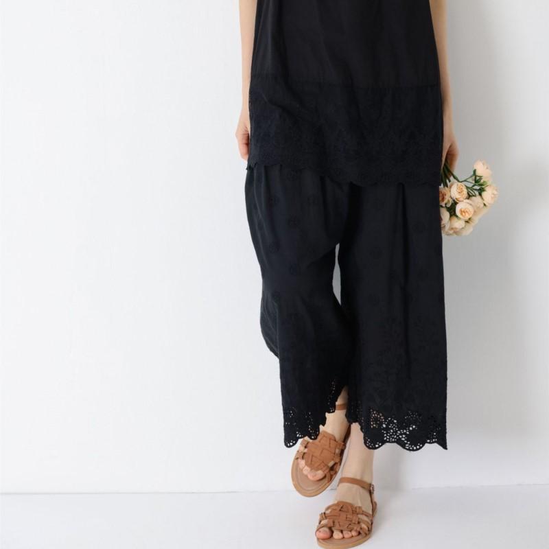 Johnature Spring Summer Sweet Mori Women Solid Color Embroidery Lace Casual Leggings Loose Versatile Lined Wide-leg Pants
