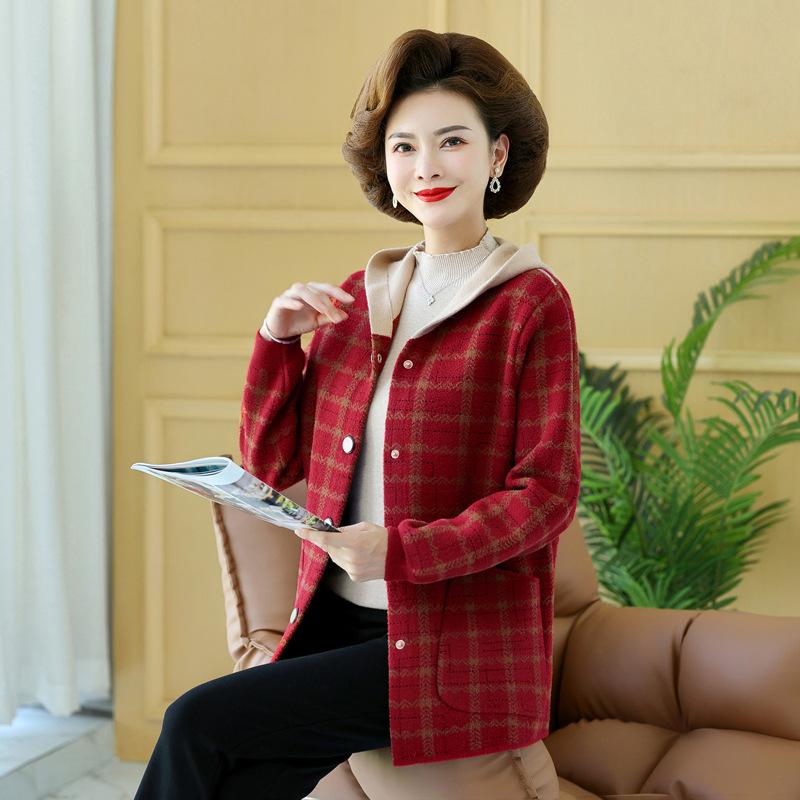 Mom's New Middle-aged and Elderly Outerwear Hooded Knitted Cardigan Long Sleeved Stylish Women's Autumn and Winter Outerwear Top