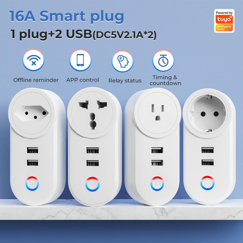 Tuya Wifi Smart Usb Socket Eu Us Brazil Plug 16a Adaptador de tomada Carregamento Voz Smart Life App Elétrico Para Google Home Alexa