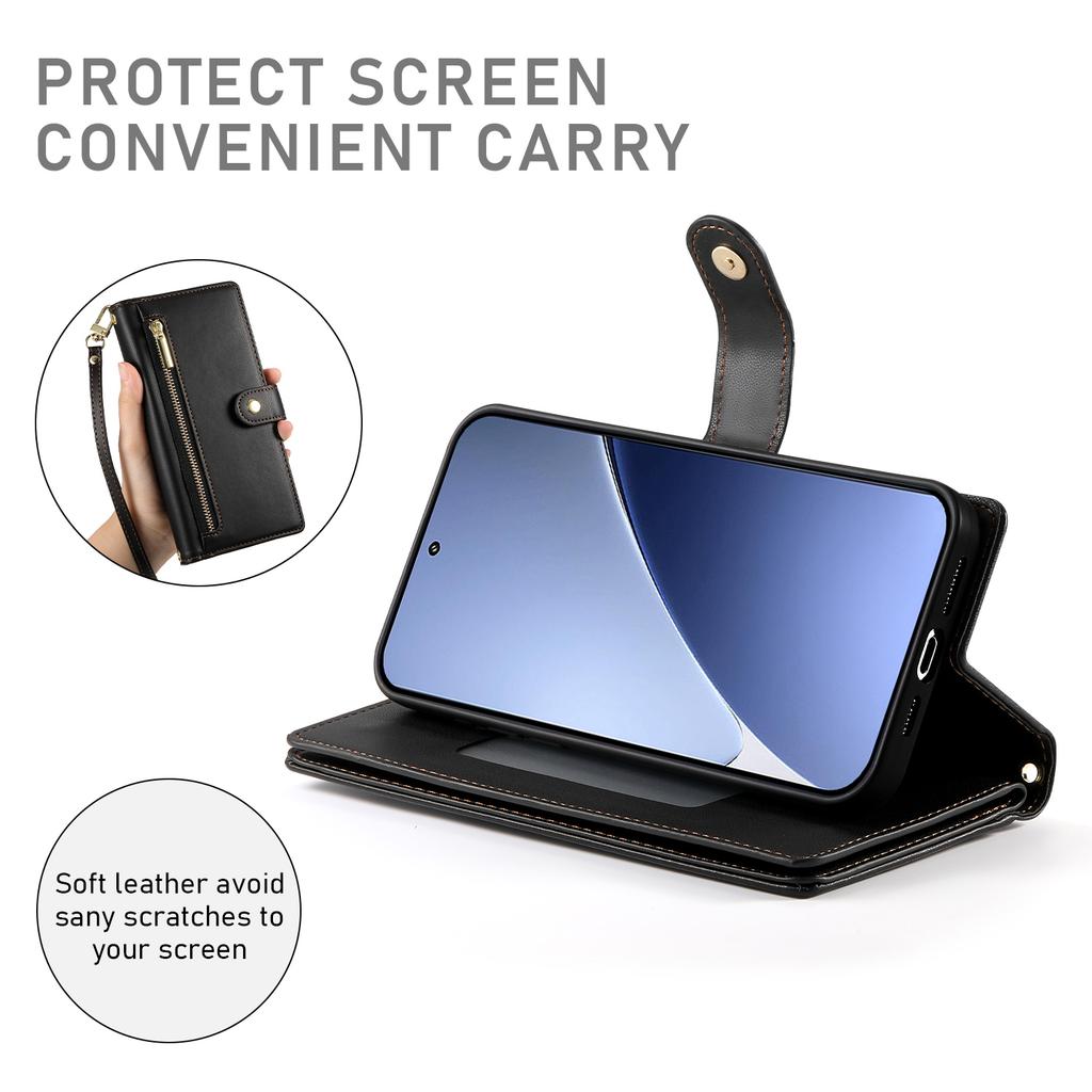 DF-011 For Xiaomi 15 Pro Case Zipper Pocket Wallet Leather Phone Cover with Straps