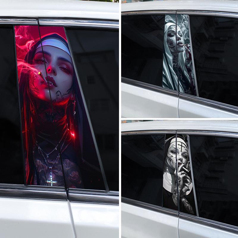 2pcs Nun Sisters Car Decal Car B-Pillar Sticker Smoking Nun Styling Car Decal Diy Car Door Post Vinyl Decal Cool Nun Decal