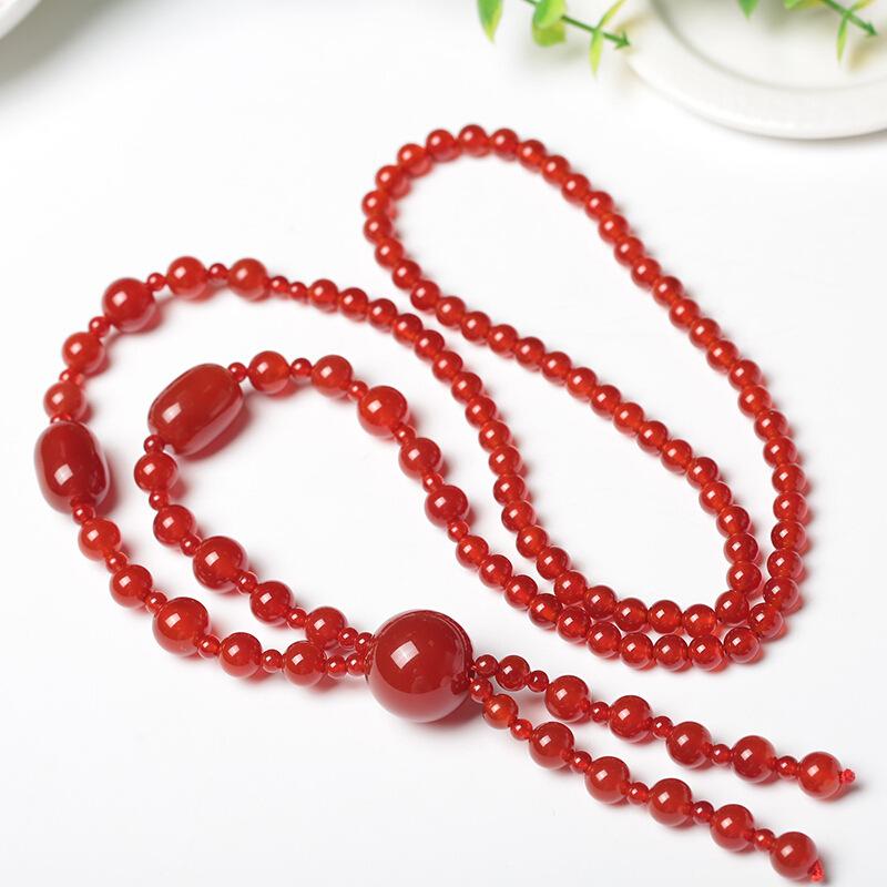 GEMCHIC Women's Chinese Style Natural Red Agate Long Necklace Vintage Tassel Sweater Chain Statement Jewelry for Autumn Winter