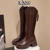 Cowhide version, brown boots for women, thin but knee boots, thick-soled heightening, small knight boots, thick-heeled high boots.