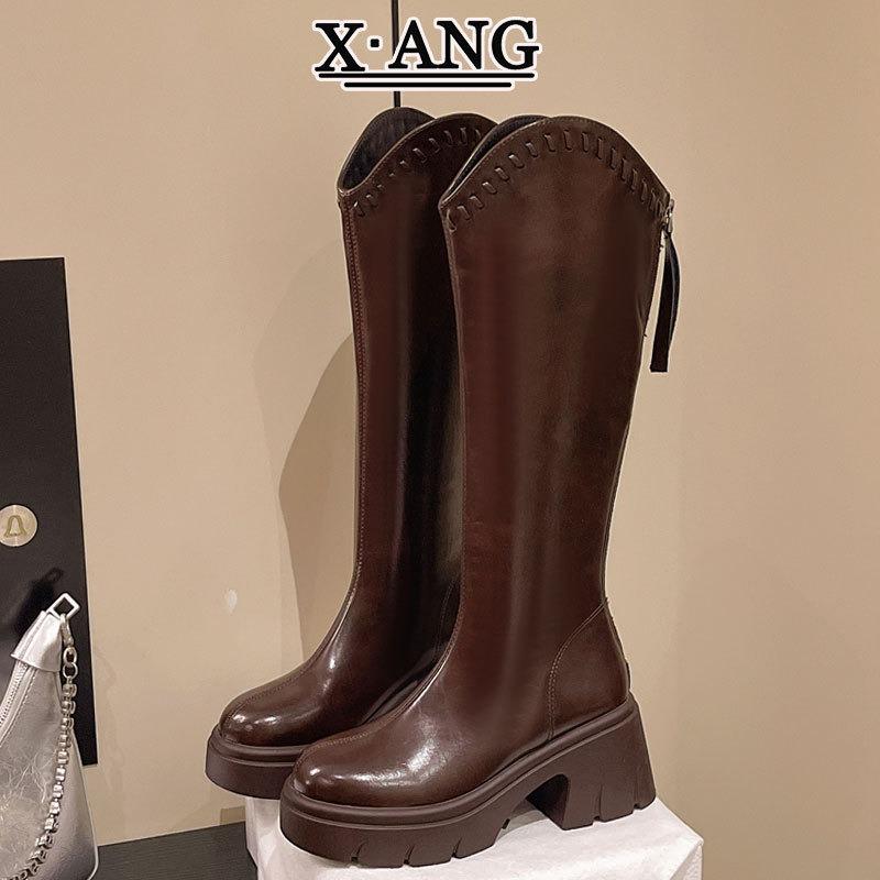 

Cowhide version, brown boots for women, thin but knee boots, thick-soled heightening, small knight boots, thick-heeled high boots. 40