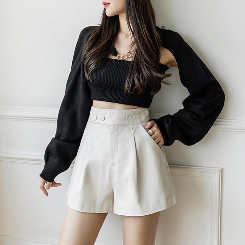 Shorts Women's Casual High Waist Leather Pants Loose Slit Slim A-line Wide-leg Pants