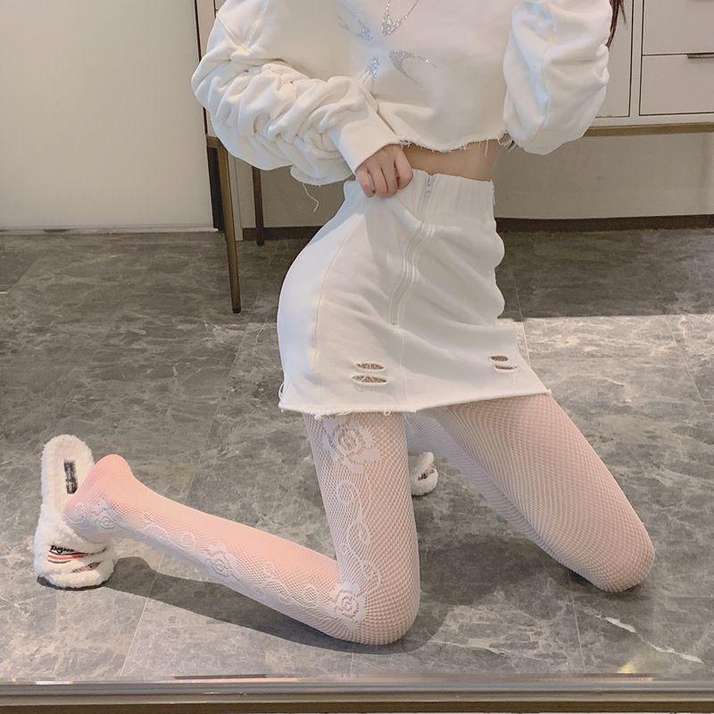 Sexy Fishing Net Socks, Hollowed Out Jumpsuit, Black and White Side Rose Fishing Net Stockings, Thin Stockings for Spring, Summer, and Autumn