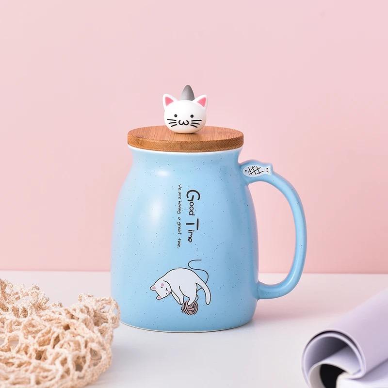 Cute Cartoon Cat Ceramic Mug with Lid and Spoon – Breakfast Coffee Cup