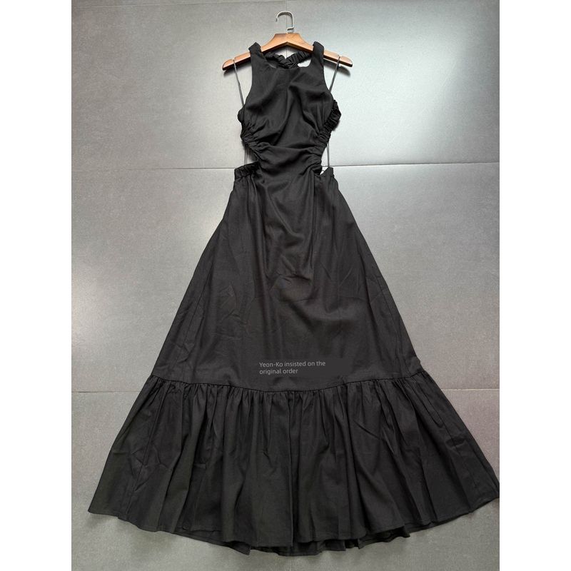 

Foreign Trade @ STR Black Hepburn Style 55% Linen 45% Cotton Sleeveless Waist Hugging French style Sexy Gyaru Dress Long dress Black Open Back Dress M