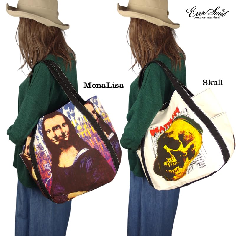 Tote Bag Eco Bag Bag Shopping Bag Bag ECOBAG Large Capacity BAG Skull Mona Lisa Unisex [EVERSOUL] Mother's (Mona Lisa)