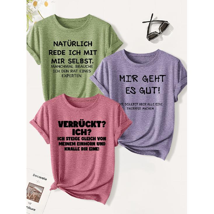 3 Pack of Women's Summer Tops | German Tongue-teasing Funny Slogan Print T Shirt | Cute and Trendy Casual Round-neck Short-sleeve Suit | 2026 Summer