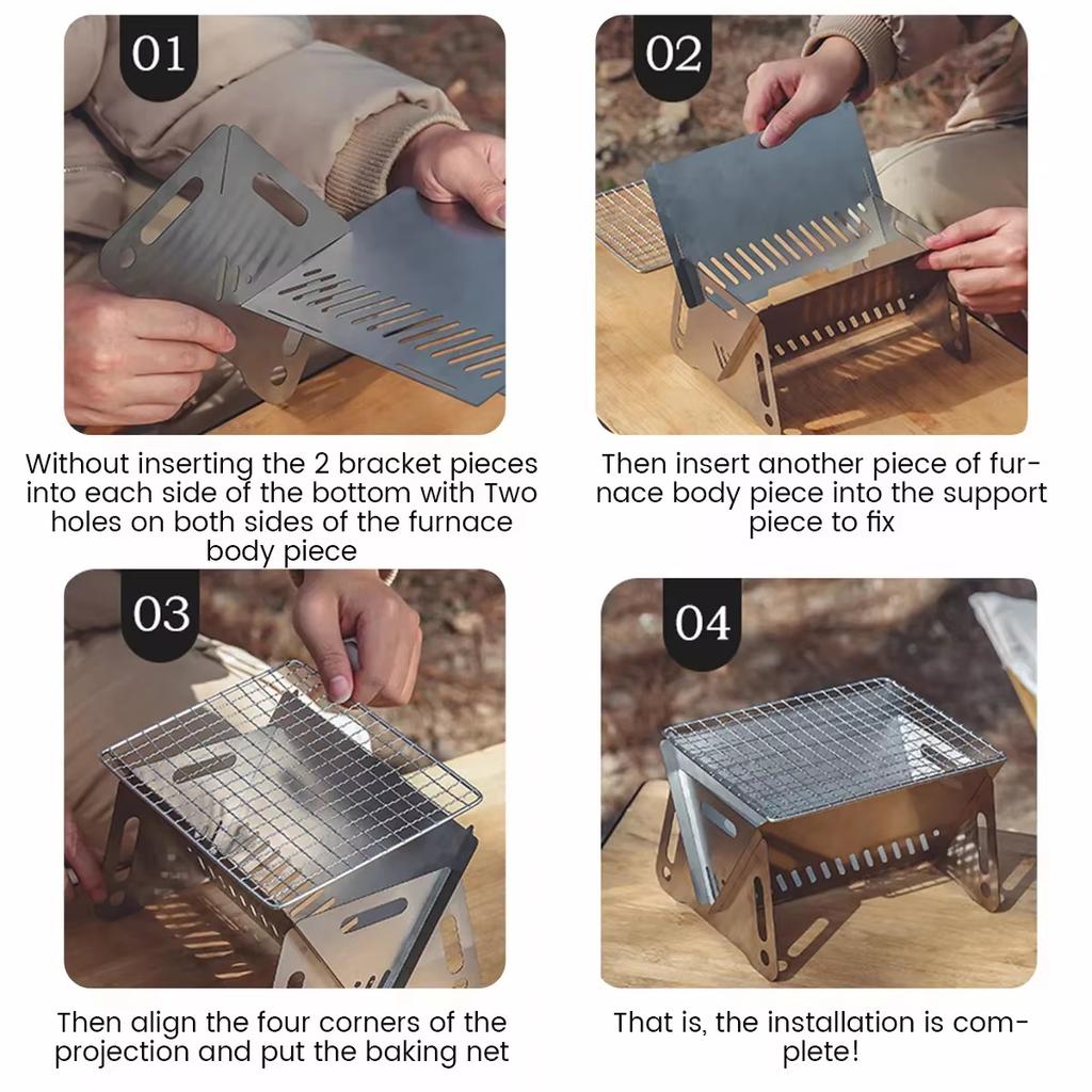 Grill ze stali nierdzewnej, przenośny, składany, piecyk grzewczy, wielofunkcyjny, kempingowy, stojak na grilla, siatka, piec na drewno opałowe
