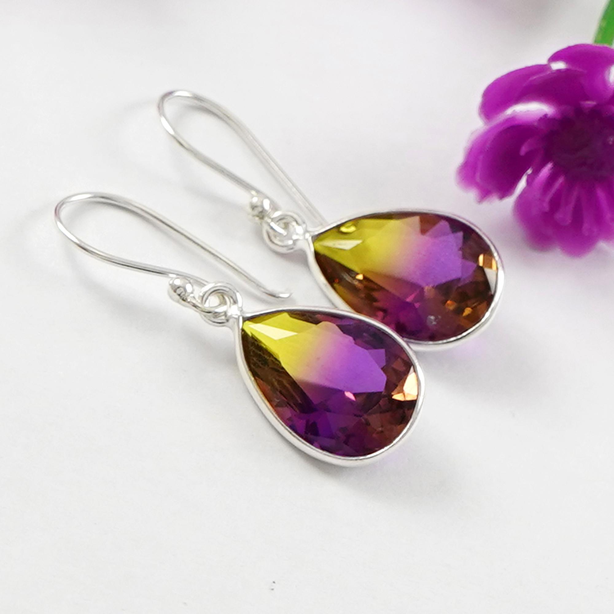 

Ametrine Quartz Earrings, Bezel Earring, Handmade Earring, 925 Sterling Silver Teardrop Quartz Earrings, Gift for Her