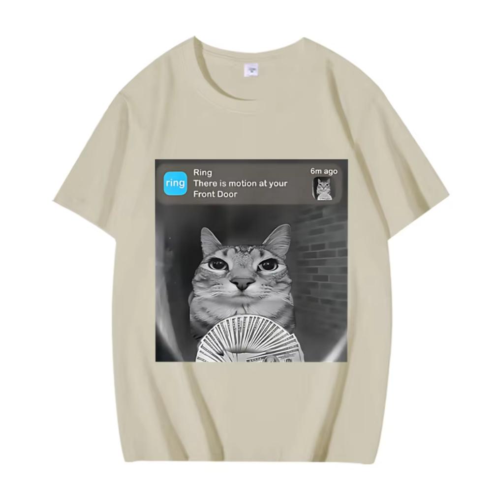 There Is Motion At Your Front Door Funny Silly Cat Meme Printed T Shirt Men Women Oversized Cotton Summer Male Tops