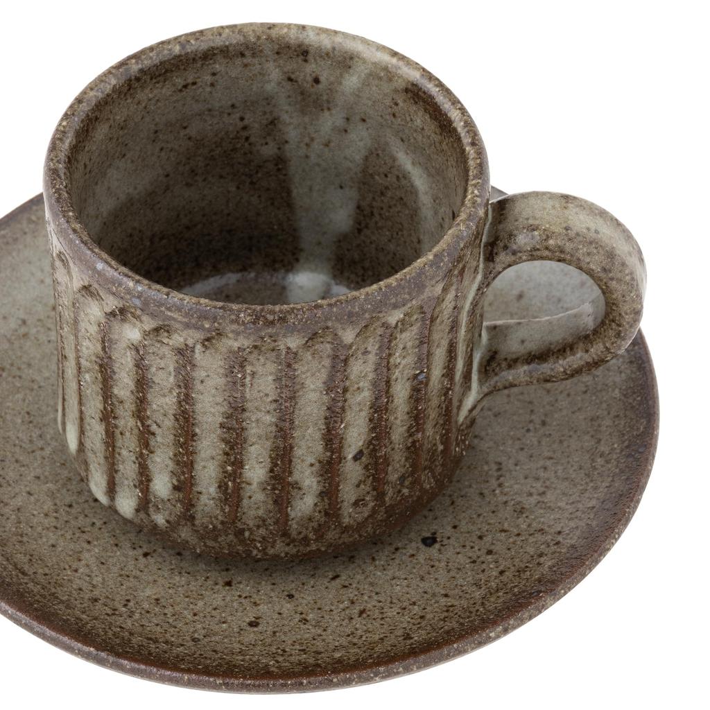 Marui Seito Shigaraki Ware Hechimon Cup & Saucer, 200ml Capacity, Ash Glaze Carving, Brown, MR-3-4387
