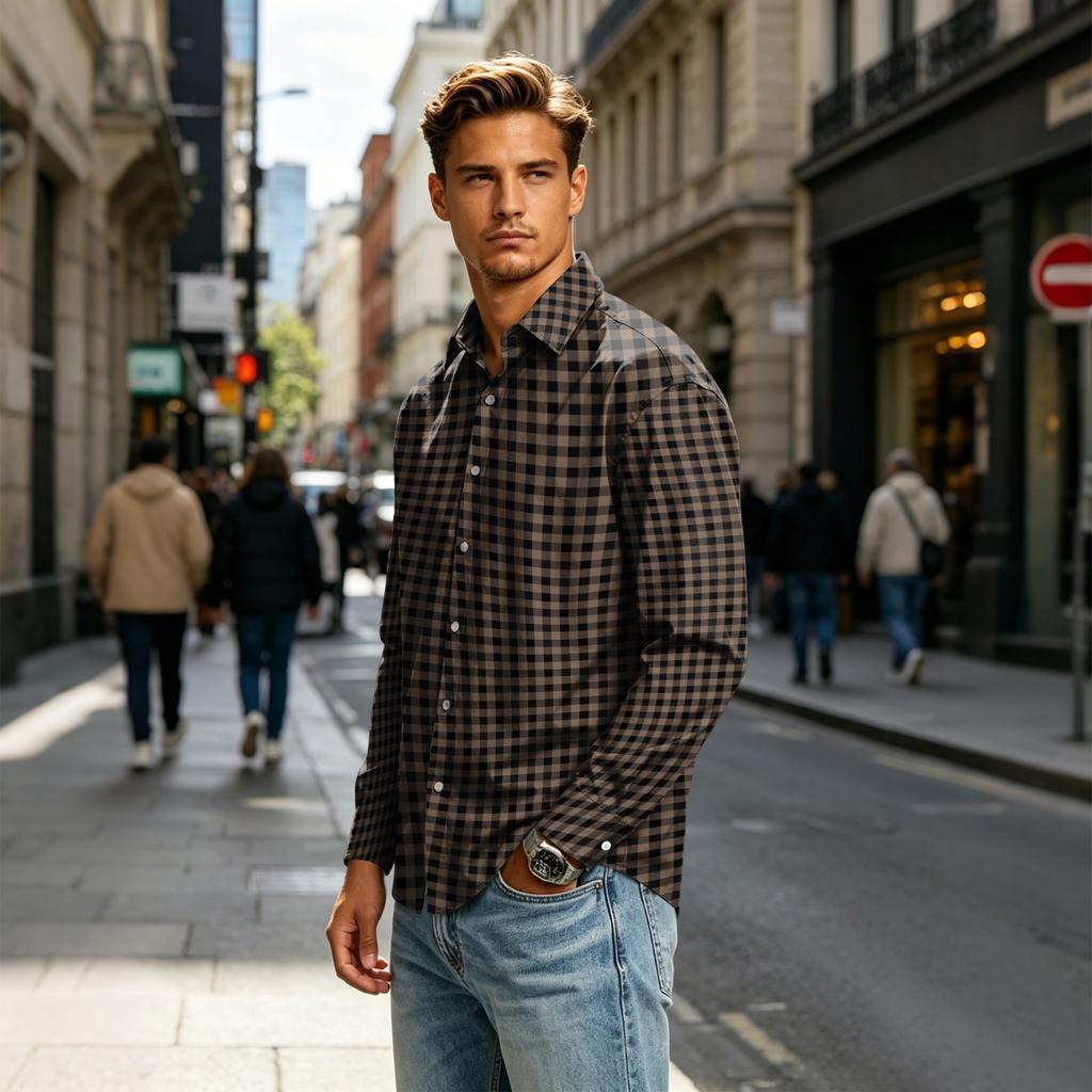 Men's Long Sleeve Plaid Shirt with Collar for Casual Daily Wear