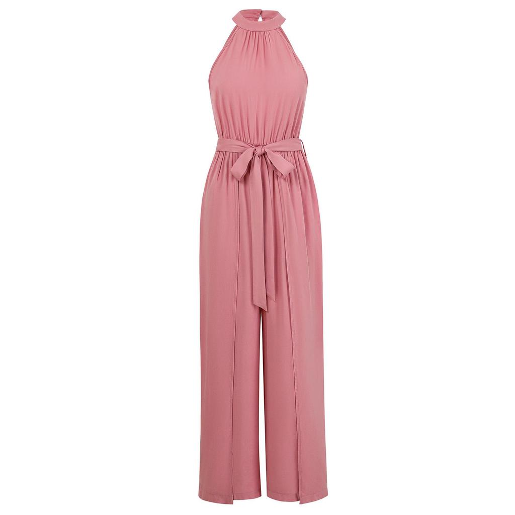 Dame Sommer Casual Ensfarget Ermeløs Halter Jumpsuit Løs Høy Midje Belte Vide Ben Bukser Jumpsuits S-XL