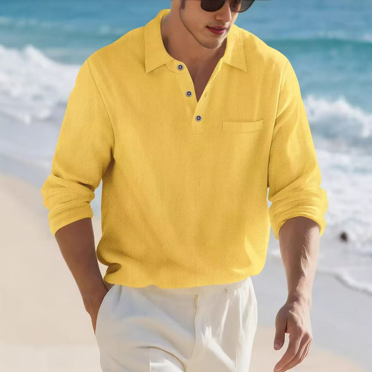 

New Men s Cotton-Linen Blend Long-Sleeved Shirt Collarless Casual Loose-Fit Solid-Colour Linen Top Spring/Autumn Menswear XXXL жовтий