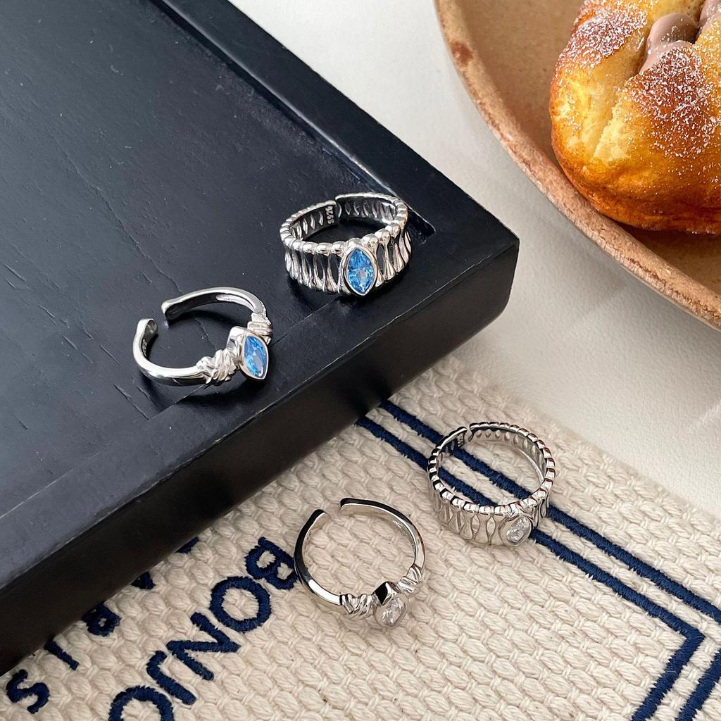 Korean Style Blue Pupil 925 Sterling Silver Ring with Irregular Texture - Women's High-End Fashionable Jewelry Trend 2026.